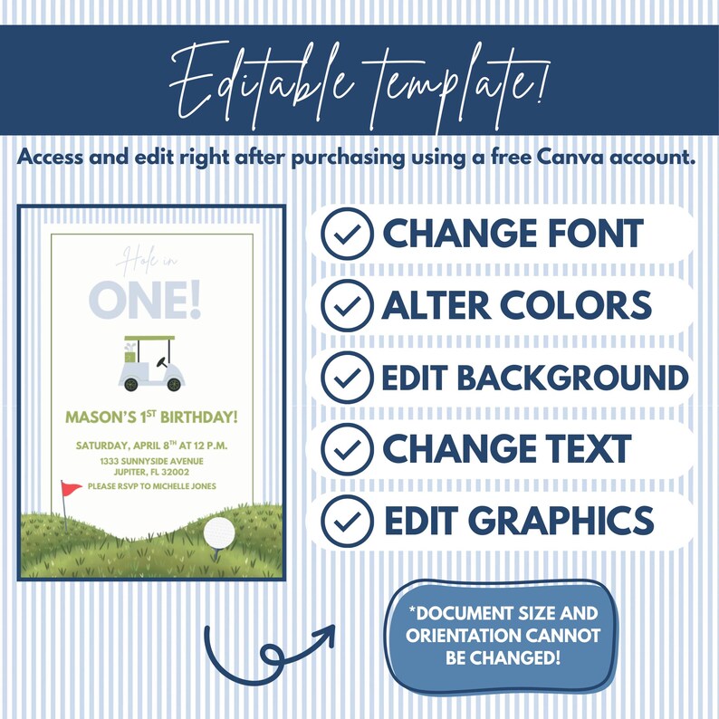 Hole in One Birthday Invitation Golf Theme, Editable Canva Template