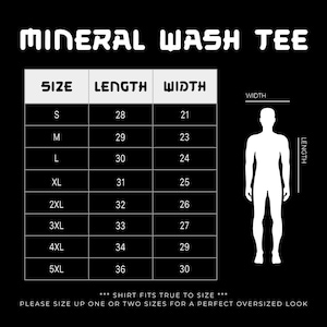 May include: Black graphic showing a size chart for a mineral wash tee shirt. The chart includes sizes S to 5XL, with corresponding length and width measurements in inches. A white silhouette of a person is next to the chart.