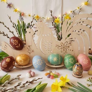 May include: A wooden Easter egg display featuring a rooster and hen silhouette, holding decorated eggs in shades of brown, gold, blue, green, and pink. The scene is adorned with spring flowers and pussy willows, creating a festive Easter theme.