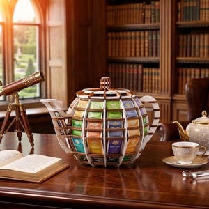 Könnte beinhalten: Ein Teebox-Organizer in Teekannenform aus Holz, gefüllt mit bunten Teebeuteln. Ein Teleskop auf einem Stativ, ein offenes Buch, eine Teetasse und eine dekorative Teekanne stehen auf einem Holztisch in einer Bibliothek.