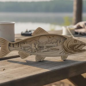 May include: A wooden fish-shaped decorative piece with a detailed landscape scene inside. The scene includes a fisherman, trees, mountains, and a sun. The fish is light brown and sits on a wooden picnic table.