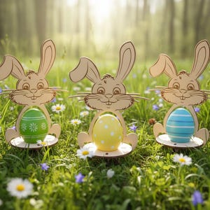 Pode incluir: Três decorações de coelhos da Páscoa de madeira segurando ovos de Páscoa decorados. Os ovos são verdes com desenhos florais brancos, amarelos com bolinhas brancas e azuis com listras brancas. Os coelhos estão em um campo gramado com flores.