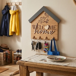 Laser Cut Welcome Home Key Holder SVG, Modern House Wall Rack Plan (Digital Download)