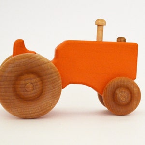 Personalized Wood Toy Tractor Orange Wooden Toy Tractor Push Toy Waldorf Toy image 1