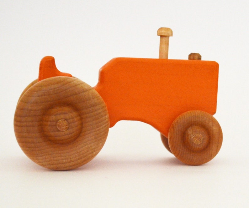 Personalized Wood Toy Tractor Orange Wooden Toy Tractor Push Toy Waldorf Toy image 1