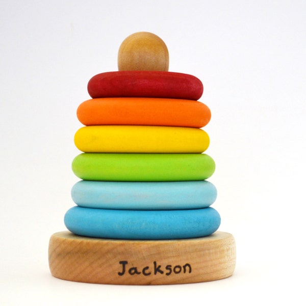 Personalized Stacking Toy - Rainbow Wooden Toy - Ring Stacker - Natural Wood Toy