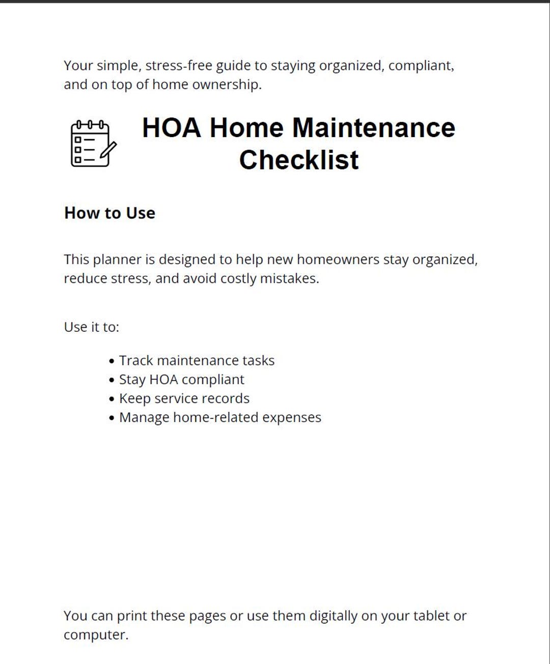 HOA Home Maintenance Checklist Fillable PDF Home Compliance Planner