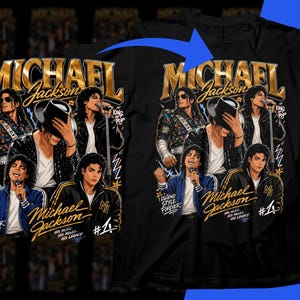 以下が含まれることがあります： 様々なポーズのマイケル・ジャクソンが描かれた黒いTシャツ。デザインには、金色の文字で「MICHAEL Jackson」、フレーズ「LEGEND STYLE FOREVER」、数字「#4」が含まれています。