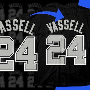 Pode incluir: Camisola desportiva preta com o nome "VASSELL" em letras brancas em bloco acima do número "24" em cinzento com contorno branco. A camisola é exibida sobre um fundo azul.