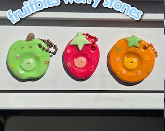 Fruitbies Polymer Clay Worry Stones | Strawberry, Green Apple, Orange Charms