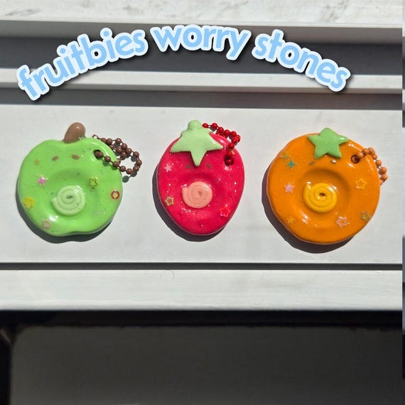 Fruitbies Polymer Clay Worry Stones | Strawberry, Green Apple, Orange Charms