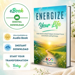 Könnte beinhalten: Ein digitales Buch mit dem Titel Energize Your Life: Daily Hacks to Beat Fatigue, Increase Focus and Unlock Lasting Energy von Grace Keys. Das Cover zeigt einen Sonnenaufgang über einem Wiesenpfad. Enthält Abzeichen für eBook, Hörbuch und Sofort-Download.