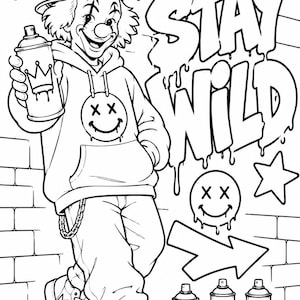 Graffiti coloring page featuring street style clown character with spray paint can, urban graffiti wall, hip hop fashion and printable street art design