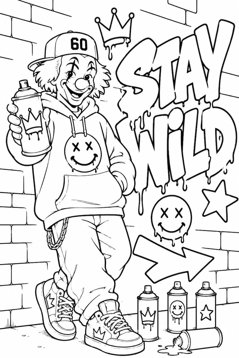 Graffiti coloring page featuring street style clown character with spray paint can, urban graffiti wall, hip hop fashion and printable street art design