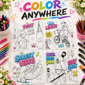 Graffiti coloring mockup featuring urban street art coloring pages with boxer girl, BMX rider, street sneakers, ninja warrior and colorful graffiti marker designs