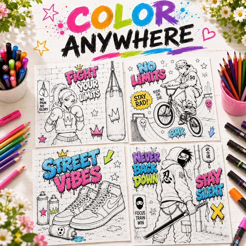 Graffiti coloring mockup featuring urban street art coloring pages with boxer girl, BMX rider, street sneakers, ninja warrior and colorful graffiti marker designs