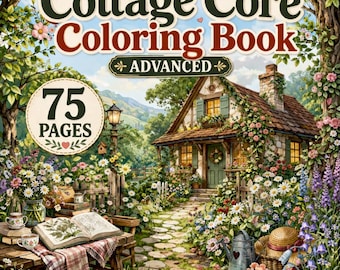 Dibujos para colorear estilo cottagecore para imprimir, dibujos para colorear avanzados para adultos, libro para colorear acogedor y relajante, 75 páginas, descarga digital en PDF.