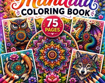 Libro para colorear de mandalas imprimible, 75 diseños únicos, páginas para colorear de mandalas, relajación y meditación, descarga digital en PDF.
