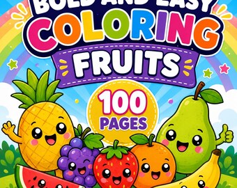 Dibujos para colorear sencillos y llamativos, libro para colorear imprimible de 100 páginas, láminas para colorear de frutas kawaii para niños, descarga instantánea en formato JPEG.