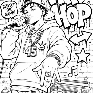 Graffiti coloring page featuring hip hop rapper with microphone, boombox, streetwear hoodie, urban graffiti wall and printable music themed street art design