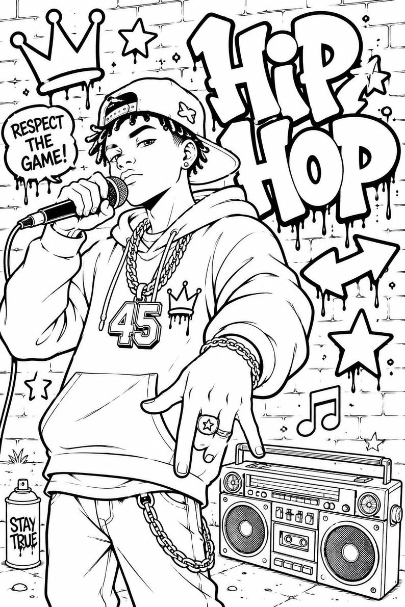 Graffiti coloring page featuring hip hop rapper with microphone, boombox, streetwear hoodie, urban graffiti wall and printable music themed street art design