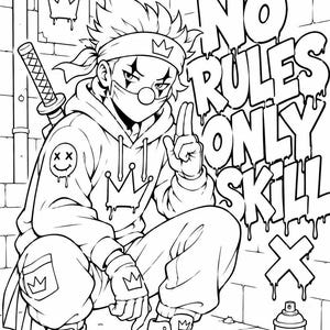 Graffiti coloring page featuring anime street ninja with hoodie, katana sword, urban graffiti wall, spray paint cans and printable street art design