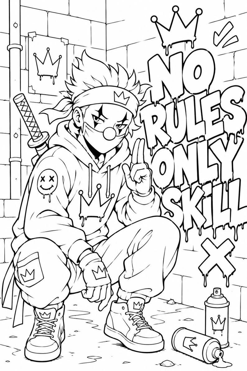 Graffiti coloring page featuring anime street ninja with hoodie, katana sword, urban graffiti wall, spray paint cans and printable street art design