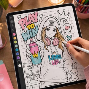 Graffiti coloring mockup showing anime gamer girl street art coloring page on tablet with digital coloring, spray paint design and urban graffiti aesthetic