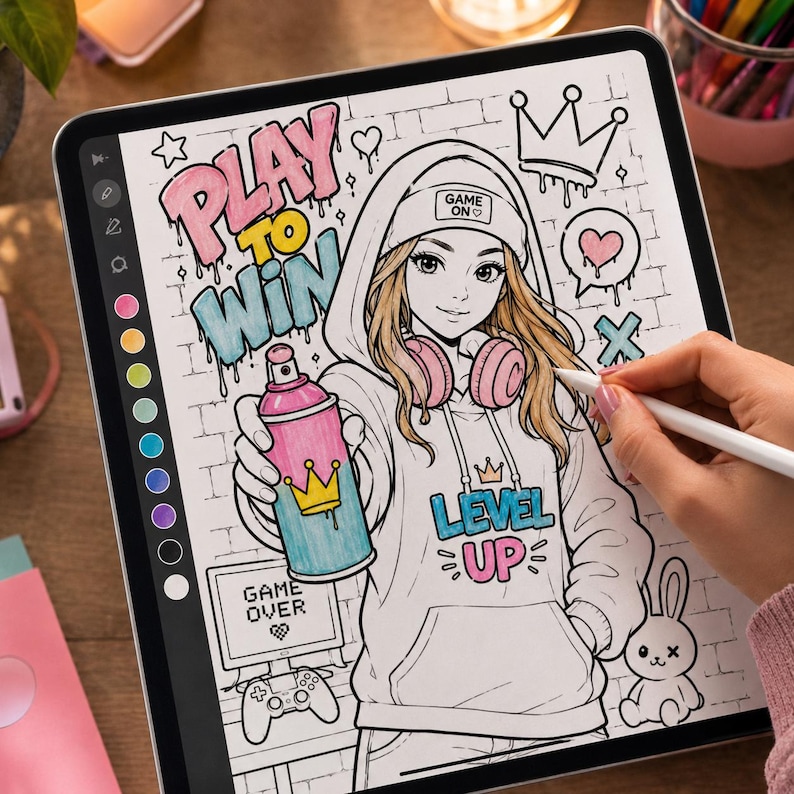Graffiti coloring mockup showing anime gamer girl street art coloring page on tablet with digital coloring, spray paint design and urban graffiti aesthetic