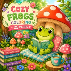 May include: A coloring book cover titled COZY FROGS COLORING 25 PAGES featuring a green frog reading a book under a large red and white mushroom. A stack of four books labeled Wild Adventures, Magical Stories, Forest Tales, and Sweet Dreams sits nearby.