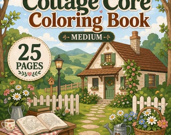 Dibujos para colorear estilo cottagecore para imprimir, dibujos para colorear para adultos de nivel medio, libro para colorear acogedor y relajante, 25 páginas, descarga digital en PDF.
