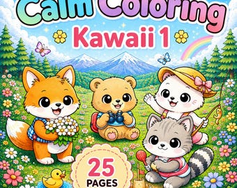 Dibujos para colorear Kawaii relajantes 1, 25 páginas en PDF, Dibujos para colorear de animales Kawaii, Libro para colorear acogedor, Dibujos para colorear fáciles de imprimir para niños y adultos