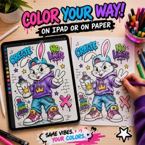 Graffiti coloring mockup showing printable street art bunny design on iPad and paper coloring page with markers, digital coloring and creative urban art style