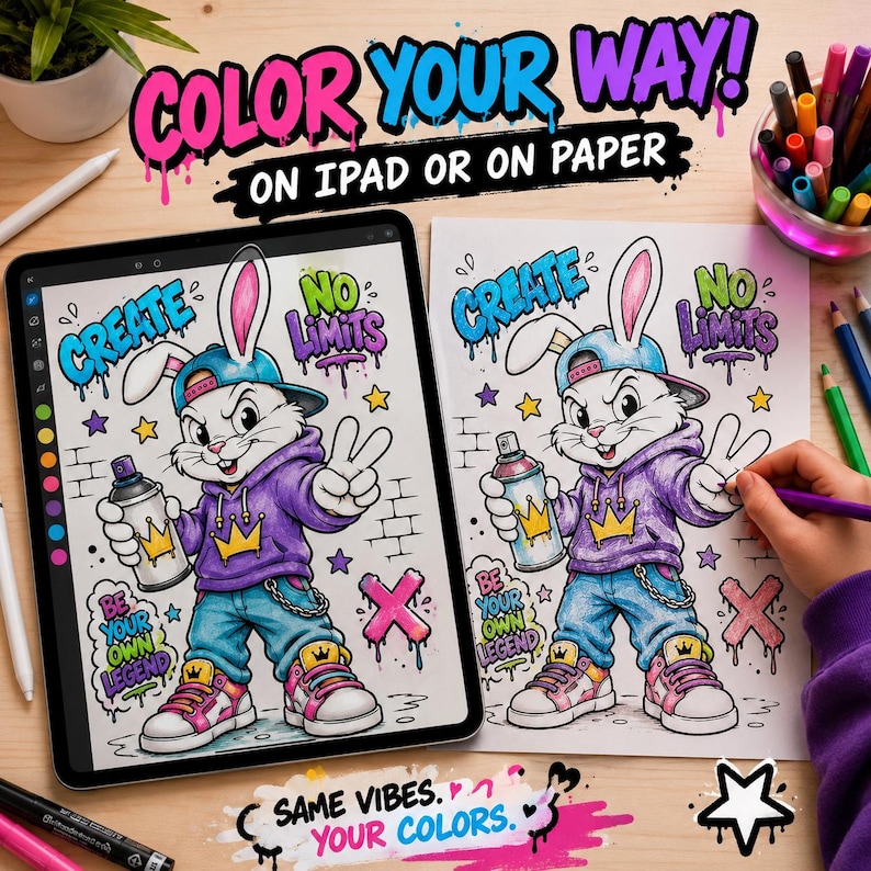 Graffiti coloring mockup showing printable street art bunny design on iPad and paper coloring page with markers, digital coloring and creative urban art style