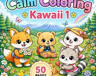 Dibujos para colorear Kawaii relajantes 1, 50 páginas en PDF, Dibujos de animales Kawaii para colorear, Libro para colorear acogedor, Dibujos para colorear fáciles de imprimir para niños y adultos