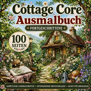 Può includere: Un libro da colorare intitolato Cottage Core Ausmalbuch Fortgeschrittene con 100 Seiten. La copertina mostra un cottage in pietra circondato da un giardino fiorito, un tavolo in legno con un libro aperto e un annaffiatoio in un paesaggio.