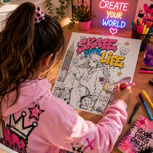 Graffiti coloring mockup with teenage girl coloring urban street art page at desk with markers, skateboard design, neon lights and creative graffiti aesthetic