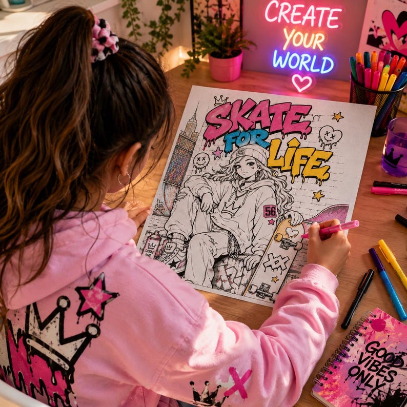 Graffiti coloring mockup with teenage girl coloring urban street art page at desk with markers, skateboard design, neon lights and creative graffiti aesthetic