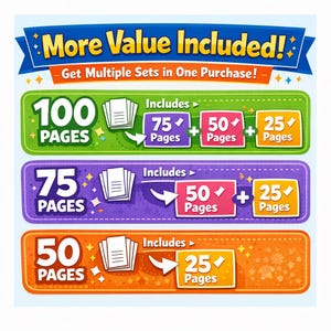 以下が含まれることがあります： 「More Value Included!」と「Get Multiple Sets in One Purchase!」というテキストが入ったグラフィック。100ページには75 + 50 + 25ページ、75ページには50 + 25ページ、50ページには25ページが含まれています。