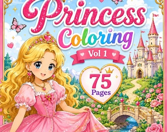 Dibujos para colorear de princesas, vol. 1, 75 páginas en PDF imprimibles, libro para colorear de fantasía de princesas adorables, páginas para colorear digitales acogedoras.