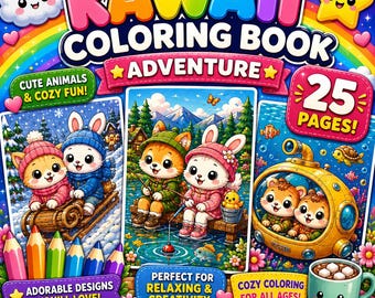 Dibujos para colorear de animales Kawaii para imprimir, libro para colorear Kawaii acogedor, dibujos de animales lindos para colorear, 25 páginas JPEG