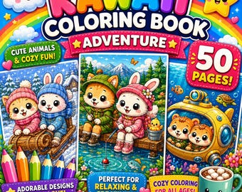 Dibujos para colorear de animales Kawaii para imprimir, libro para colorear Kawaii acogedor, dibujos de animales lindos para colorear, 50 páginas JPEG