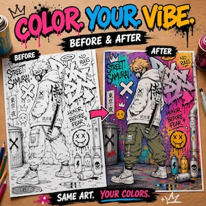 Graffiti coloring mockup showing before and after street art anime coloring page with urban graffiti design, spray paint aesthetic and colorful marker artwork