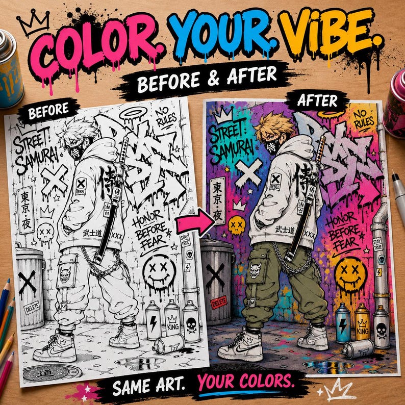 Graffiti coloring mockup showing before and after street art anime coloring page with urban graffiti design, spray paint aesthetic and colorful marker artwork