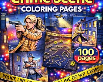 Páginas para colorear de escenas del crimen imprimibles, libro para colorear de misterio detectivesco, páginas para colorear de investigación criminal, paquete de 100 páginas JPEG