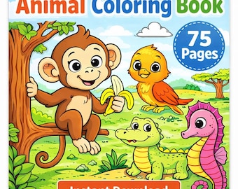 Libro para colorear de animales, 75 páginas. Dibujos para colorear de animales. Libro para colorear imprimible. Dibujos para colorear digitales.