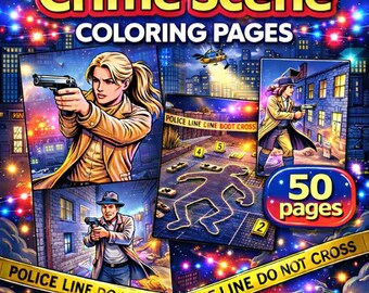 Páginas para colorear de escenas del crimen imprimibles, libro para colorear de misterio detectivesco, páginas para colorear de investigación criminal, paquete de 50 páginas JPEG