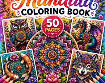 Libro para colorear de mandalas imprimible, 50 diseños únicos, páginas para colorear de mandalas, relajación y meditación, descarga digital en PDF.