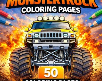 Dibujos para colorear de Monster Trucks para imprimir, libro para colorear de Monster Trucks, dibujos de camiones para niños, 50 páginas JPEG
