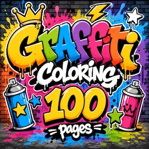 Graffiti coloring cover mockup with colorful street art lettering, spray paint cans, urban graffiti wall, bold neon colors and 100 pages title design